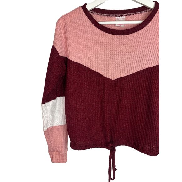No Boundaries Top Womens Small 3 5 Waffle Knit Pink Burgundy Stripe Casual Shirt - Picture 2 of 15